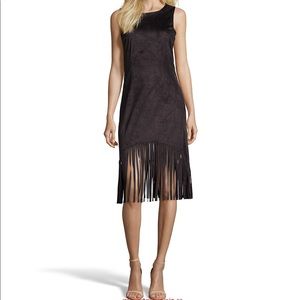 Black Suede Mini Dress W/Fringe Hem